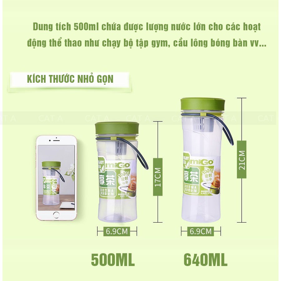 Bình đựng nước, bình nước bằng Nhựa BPA FREE MIGO Cao cấp - 1522 - An toàn, trong suốt, có rây lọc, quai xách TA2