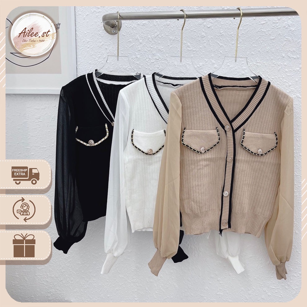 Áo Len Cardigan Dày Tay Von Voan Khuy Viền Kẻ Túi Nắp Cổ Tim Bo Gấu Phối Xích Cúc Vàng Style Hàn Quốc Ailee AO NU 004