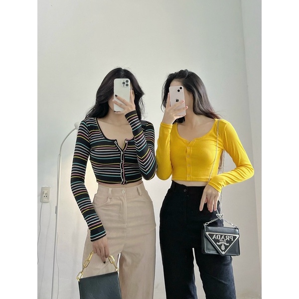 Áo croptop nút bấm dài tay▪BUTTON CROPTOP