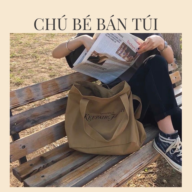 Túi Tote vải canvas màu Nâu nam nữ unisex, Túi đeo vai in chữ KEEP AIR FRESH phong cách Ulzzang