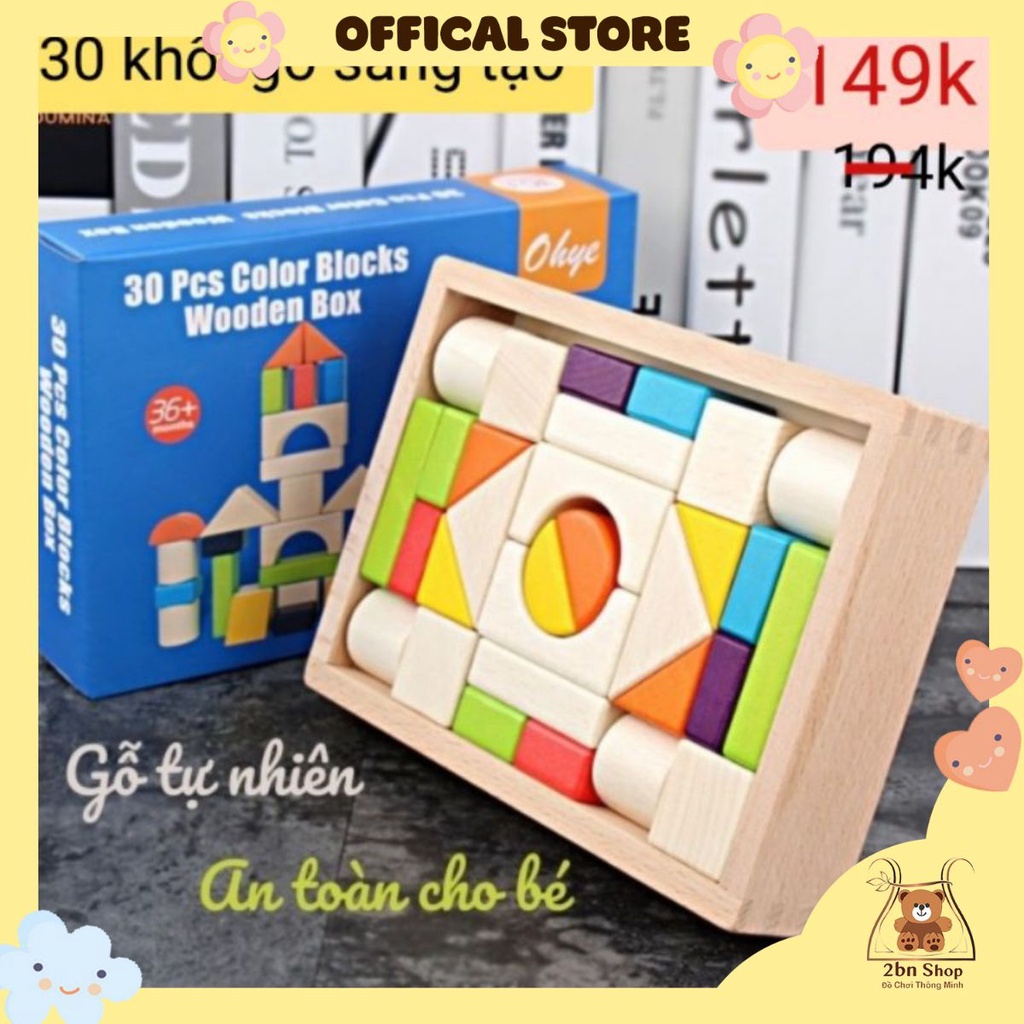Bộ xếp hình 30 khối gỗ tự nhiên đồ chơi phát triển trí tuệ cho bé