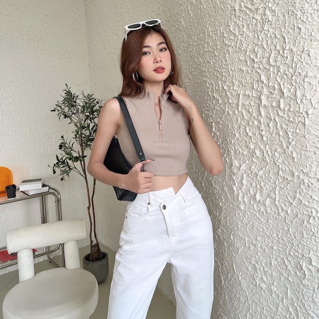 Quần jeans nữ lưng lệch TOPTIFY jeans ống suông lưng lệch cá tính Kerrie Jeans TQJ39