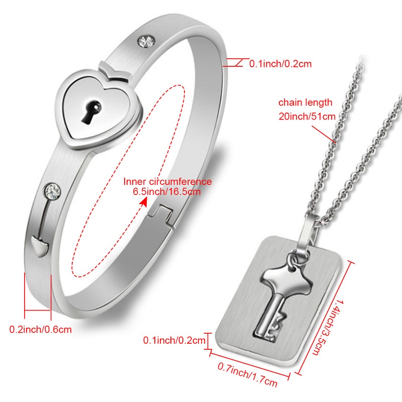 Set 2 Vòng cổ/Vòng Tay Mặt Ổ Khóa Trái Tim/ Chìa Khóa Bằng Thép Không Gỉ Màu Bạc Thời Trang Dành Cho Các Cặp Đôi