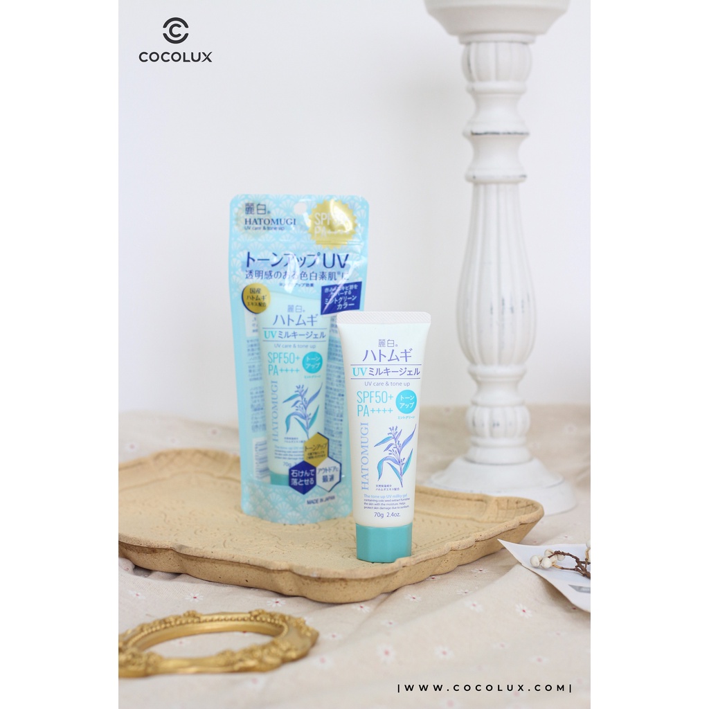Kem chống nắng Hatomugi nâng tone SPF 50+ tuýp nắp xanh bạc hà 70g