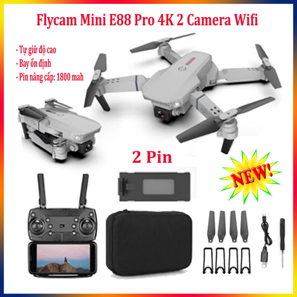 Flycam Mini Drone Camera 4k E88⚡️ Có Camera⚡️Máy Bay Flycam Giá Rẻ, [Tặng Túi Vải Xách Tay]