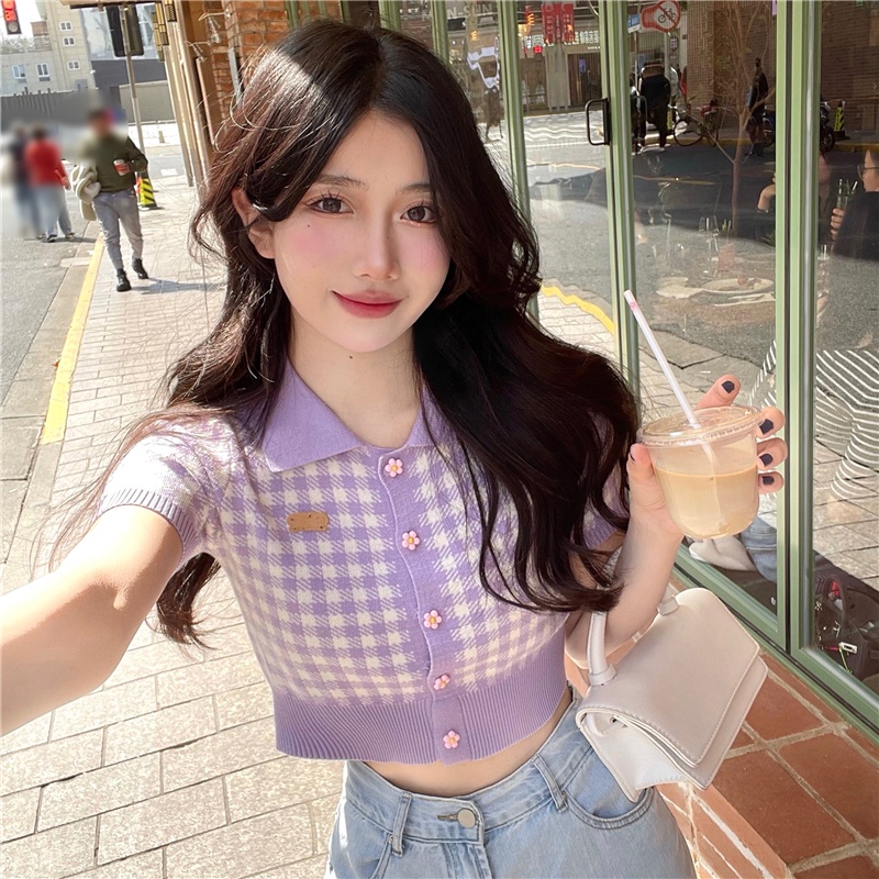 Áo cardigan XIAOZHAINV dáng ngắn dệt kim cổ polo tay ngắn họa tiết kẻ sọc phong cách Hàn Quốc xinh xắn cho nữ