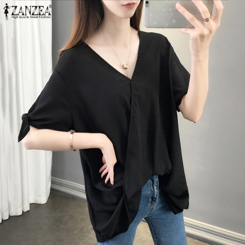 Áo sơ mi Zanzea tay ngắn cổ chữ v thời trang phong cách Hàn Quốc cho nữ