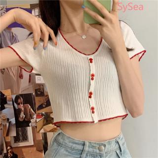 Áo Croptop Dệt Kim Tay Ngắn Thiết Kế Cổ Chữ V Quyến Rũ Cho Nữ