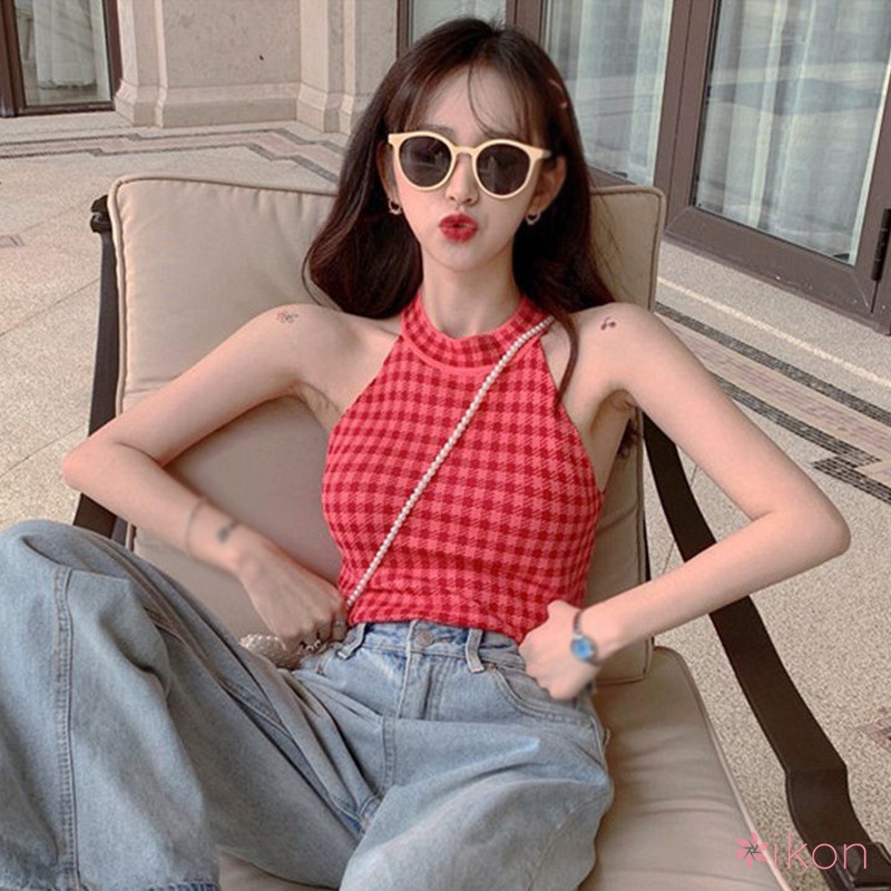 Áo Hai Dây Cổ Yếm Dáng Ôm Sọc Ca Rô Thời Trang Xinh Xắn Cho Nữ