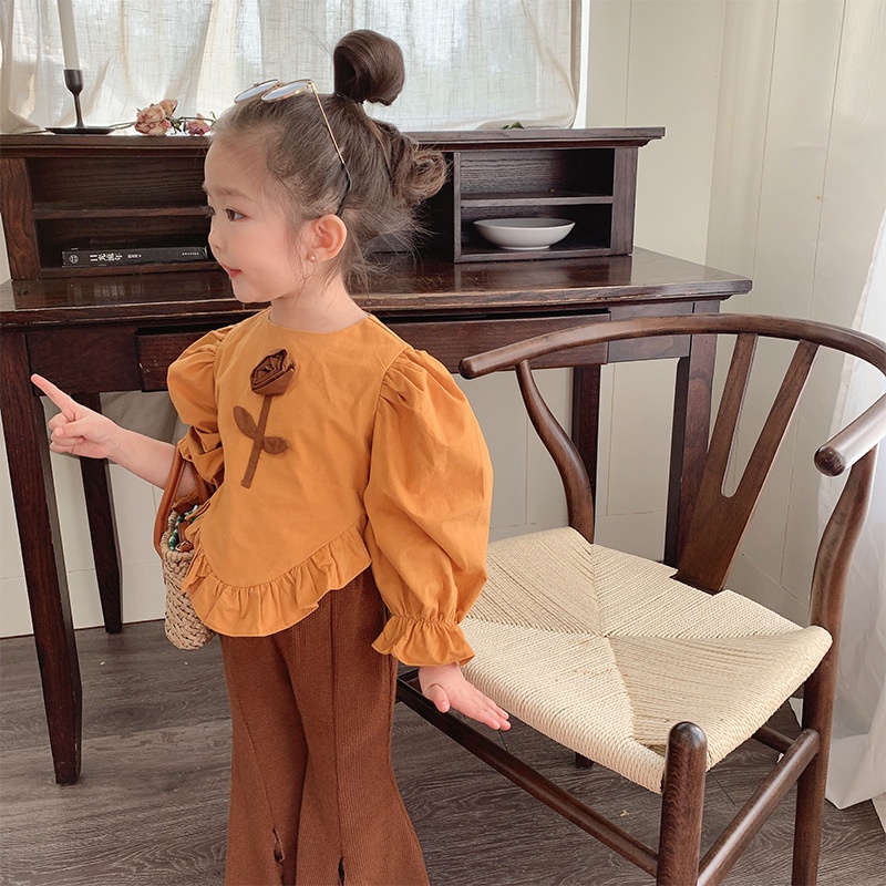 Set Áo Thun Dài Tay In Hoa + Quần Dài Ống Loe Xẻ Tà Thời Trang Mùa Thu Cho Bé Gái