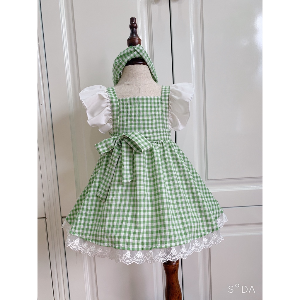 Váy em bé gái [ tặng kèm turban] -BABYSTORE88 - Đầm caro xanh cho bé hàng thiết kế  1 2 3 4 5 6 7 tuổi V2