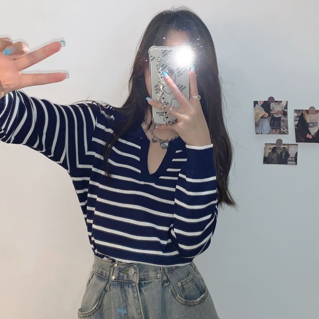 Áo polo Dài Tay Họa Tiết Sọc Ngang Thời Trang Dành Cho Nữ