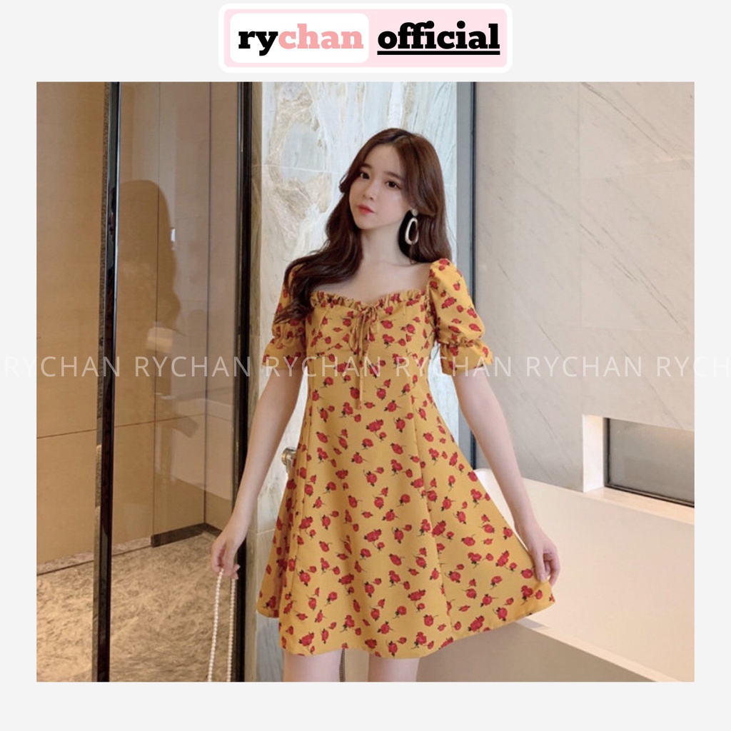 Đầm Xòe Đi Dạo Biển Hoa Vàng Cổ Vuông Nơ Cổ - DX867