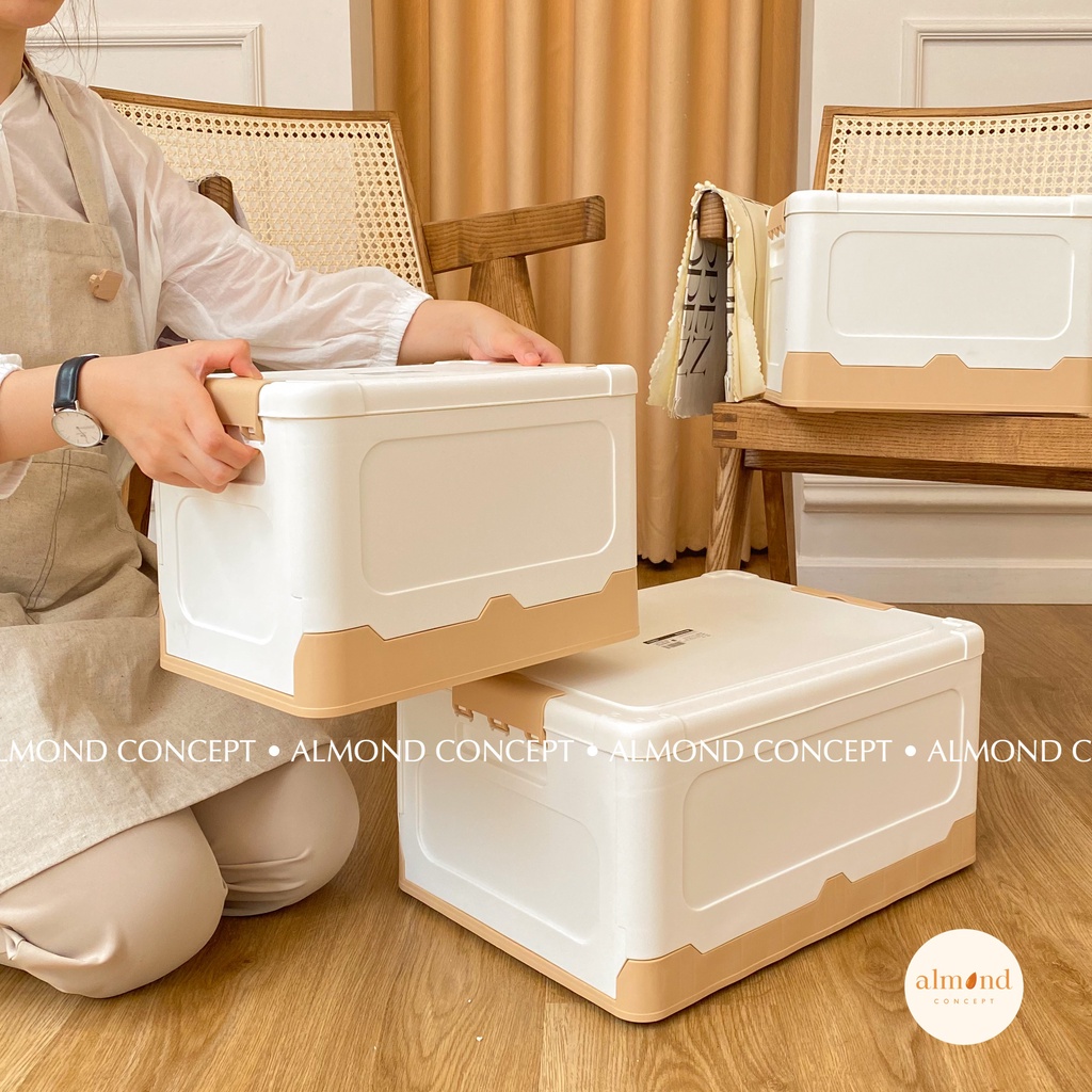 Hộp Nhựa Cứng Xếp Gọn Có Nắp Màu Trắng Viền Be - Thùng đựng quần áo, đồ chơi, dụng cụ đa năng - almondconcept