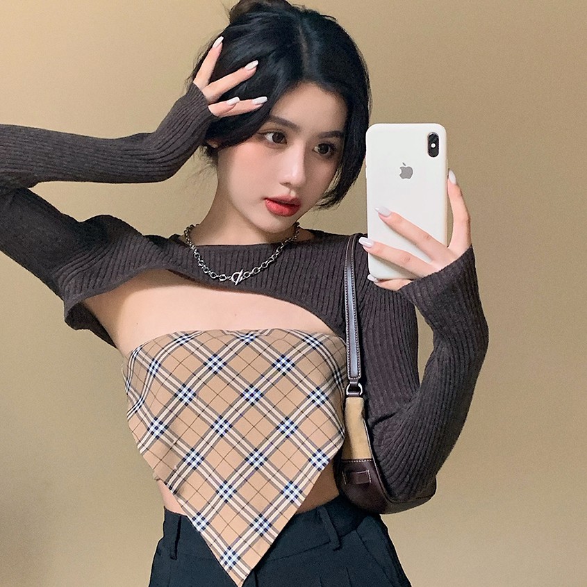 Áo sweater tay dài / áo cúp ngực họa tiết caro đáng yêu cho nữ | BigBuy360 - bigbuy360.vn