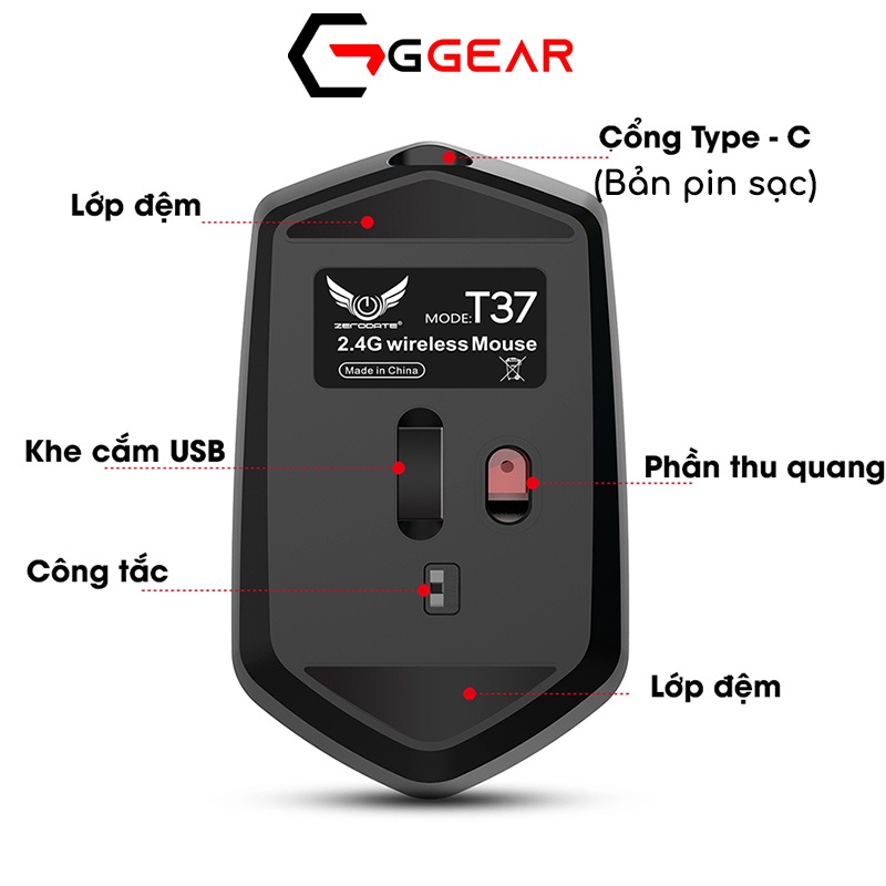 Chuột không dây GGEAR ZEROOATE T37 chuột máy tính đầu thu USB 2.4G pin rời pin sạc 1600dpi văn phòng gaming pc laptop
