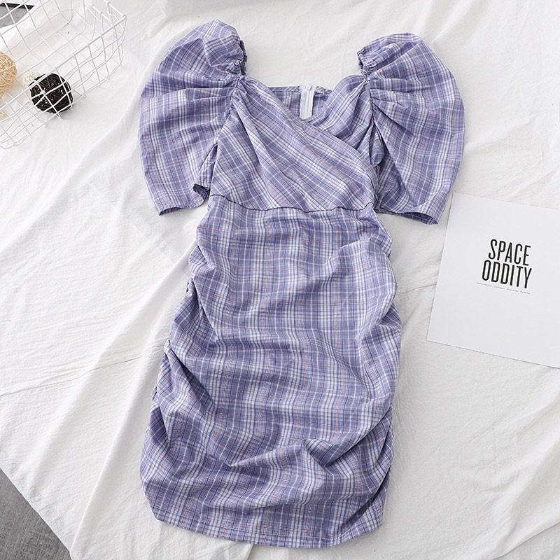 Váy Đầm Nữ Ôm Body Nhún Eo Tay Phồng Cổ V Vát Chéo Kẻ Caro - LITTLE KOREA