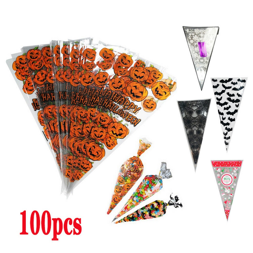 100 Túi OPP Tam Giác Đựng Kẹo, Thực Phẩm In Hình Halloween, Giáng Sinh