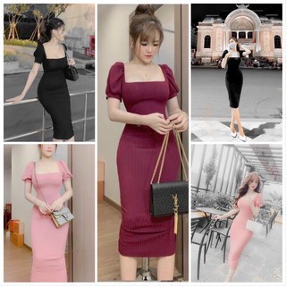 Đầm body cổ vuông tay ngắn bồng