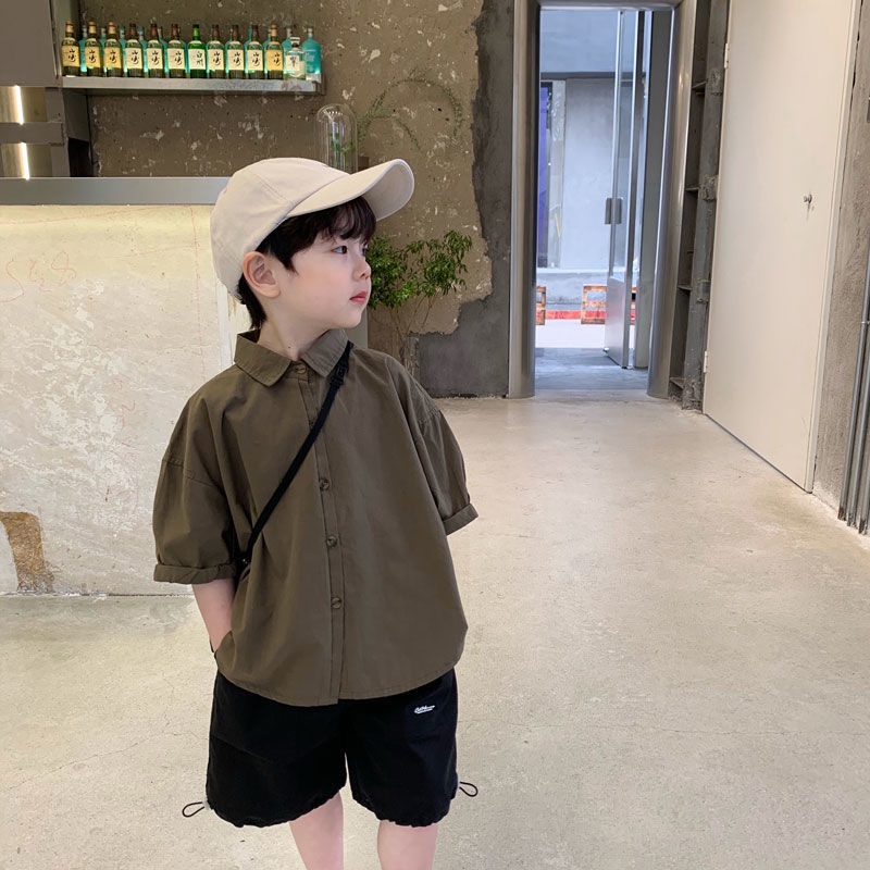 Áo Sơ Mi Tay Ngắn Dáng Rộng Màu Trơn Thời Trang Mùa Hè Hàn Quốc Cho Bé Trai