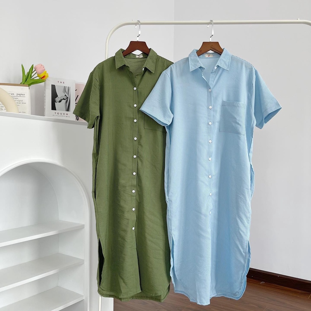 Đầm Sơ Mi  Dáng Suông Dài Xẻ Tà Style Hàn Quốc Lên Dáng Siêu Xinh