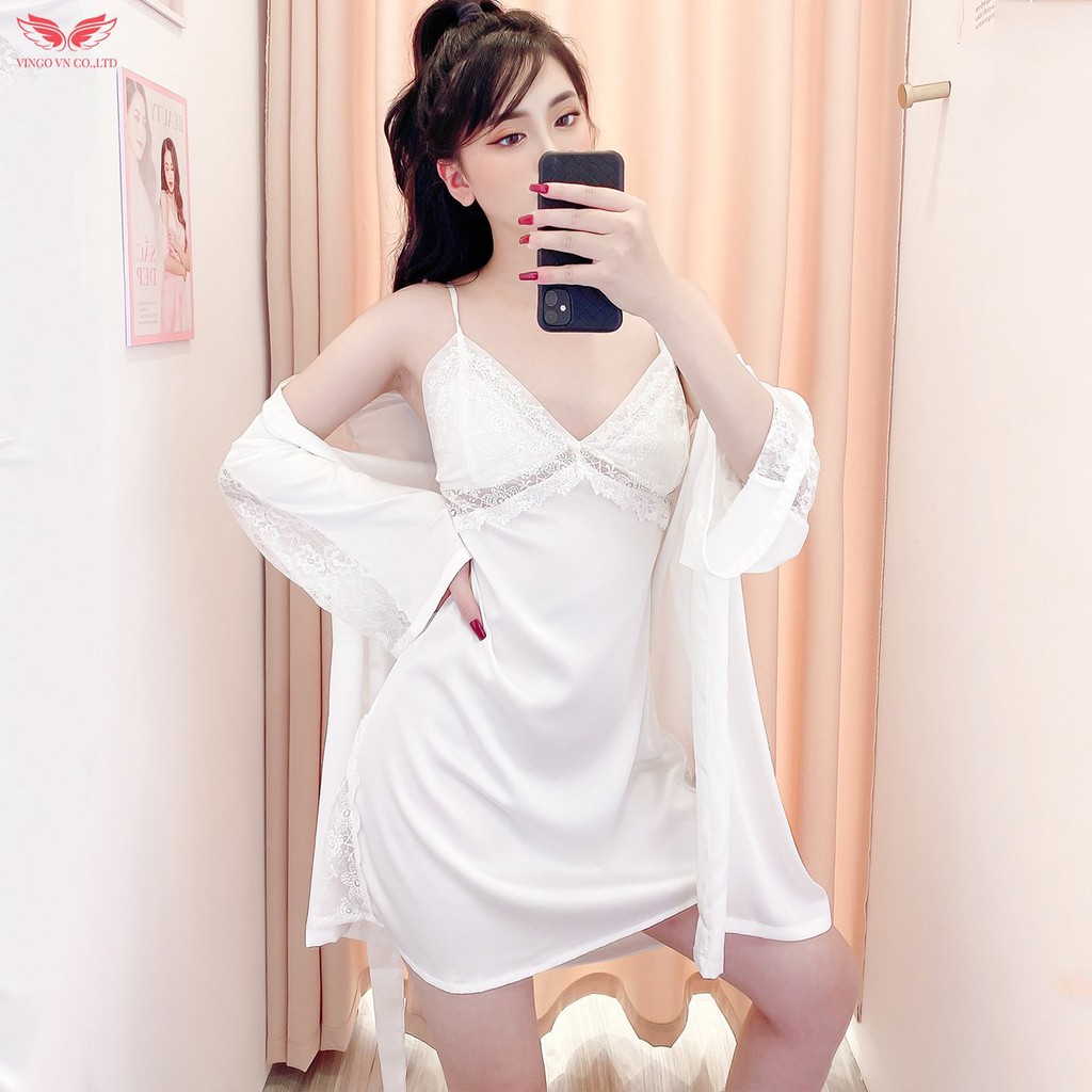 Set Áo Choàng Lụa Tay Lỡ Kèm Váy Ngủ VINGO Hai Dây Cao Cấp Phối Ren Gợi Cảm Sexy Có Lót Ngực M141 VNGO