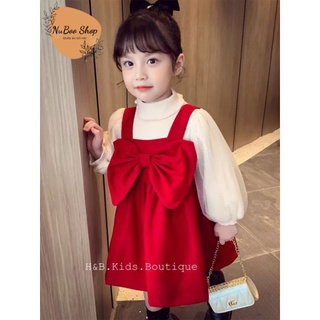 Set váy nhung đỏ kèm áo tay ren điệu đà mặc Tết cho bé gái 8-20kg, set yếm nhung đỏ kèm nơ to cho bé gái sinh nhật