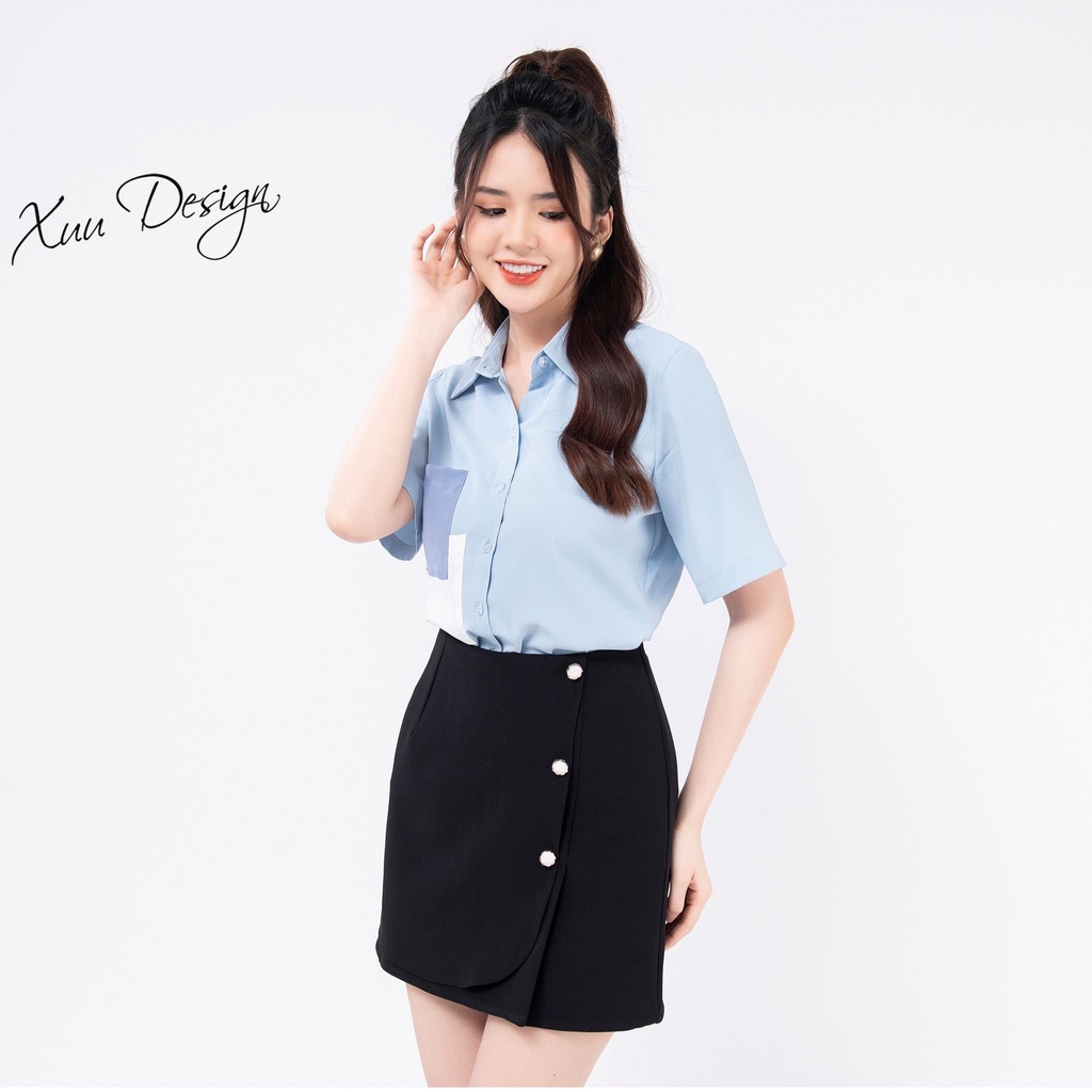 Áo sơ mi nữ kiểu tay ngắn XUU, thiết kế đơn giản phối túi ngực SK05