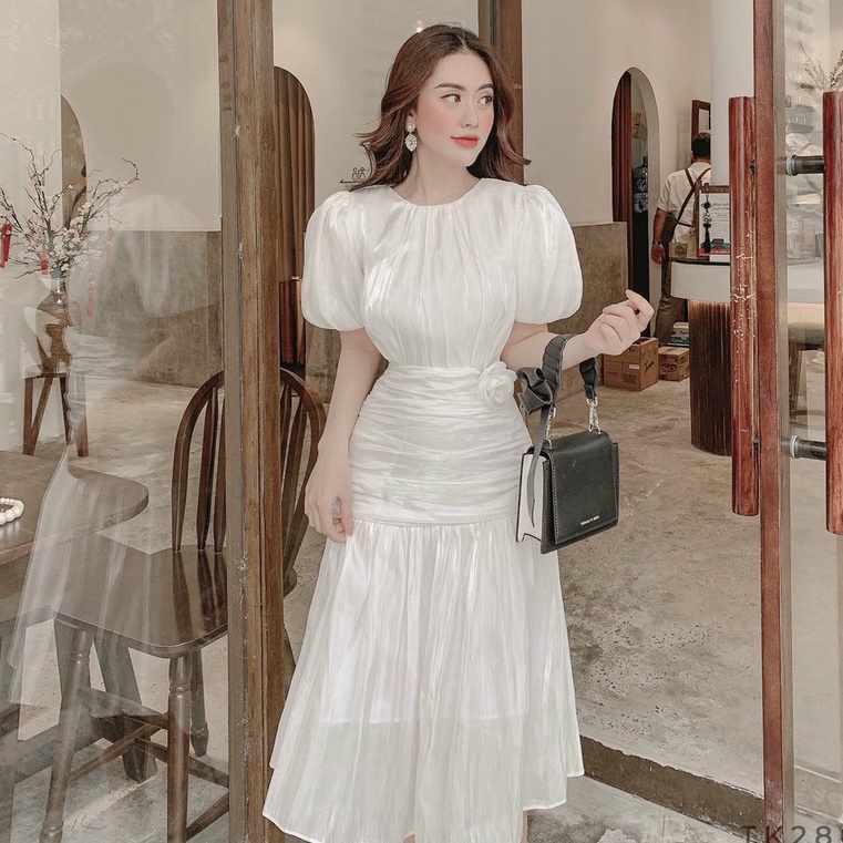 Váy nữ cổ tròn thiết kế tay phồng dáng dài, Đầm thời trang công sở cao cấp dự tiệc sang trọng V131 | BigBuy360 - bigbuy360.vn