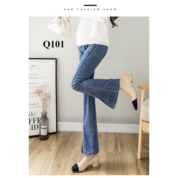 Quần Jean bầu dài ống loe xinh xắn, chất Jean thun co giãn  có đáp bụng điều chỉnh cho mẹ bầu Q101