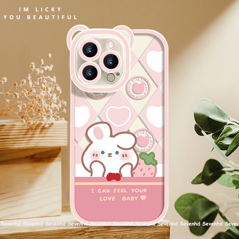 Ốp Điện Thoại Mềm Sọc Ca Rô Đính Tai Thỏ / Gấu Hoạt Hình Cho iPhone 14 13 12 11 Pro Max Xs Max Xr X 6 6s Plus