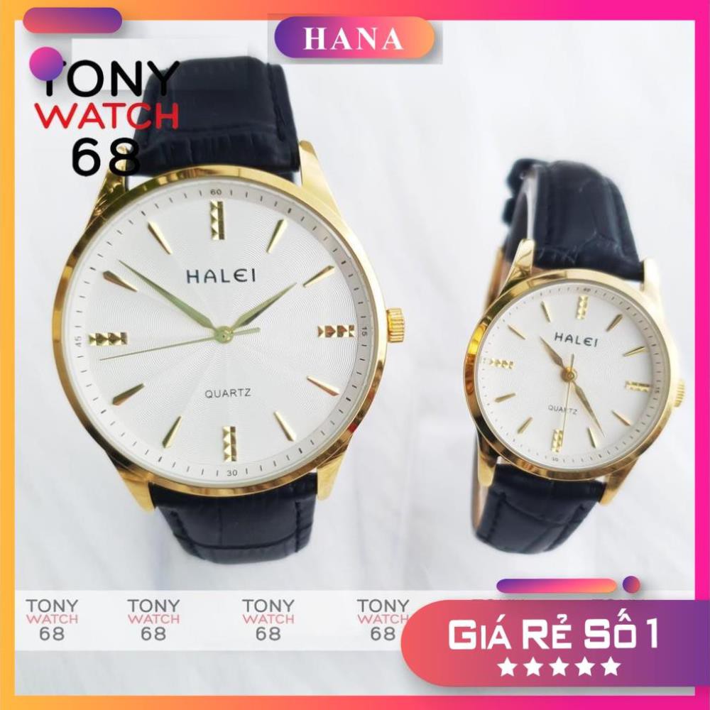 Đồng hồ cặp đôi nam nữ Halei viền vàng dây da siêu mỏng Tony Watch 68