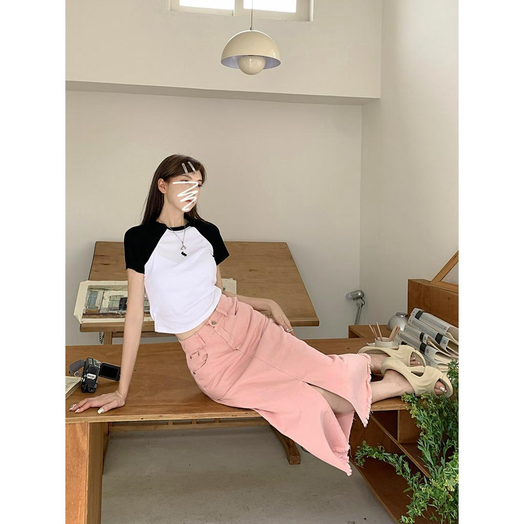 Chân váy jean Hồng Lưng Cao Dáng Rộng Xẻ Tà Thời Trang Mùa Hè Hàng Mới Dành Cho Bạn Nữ