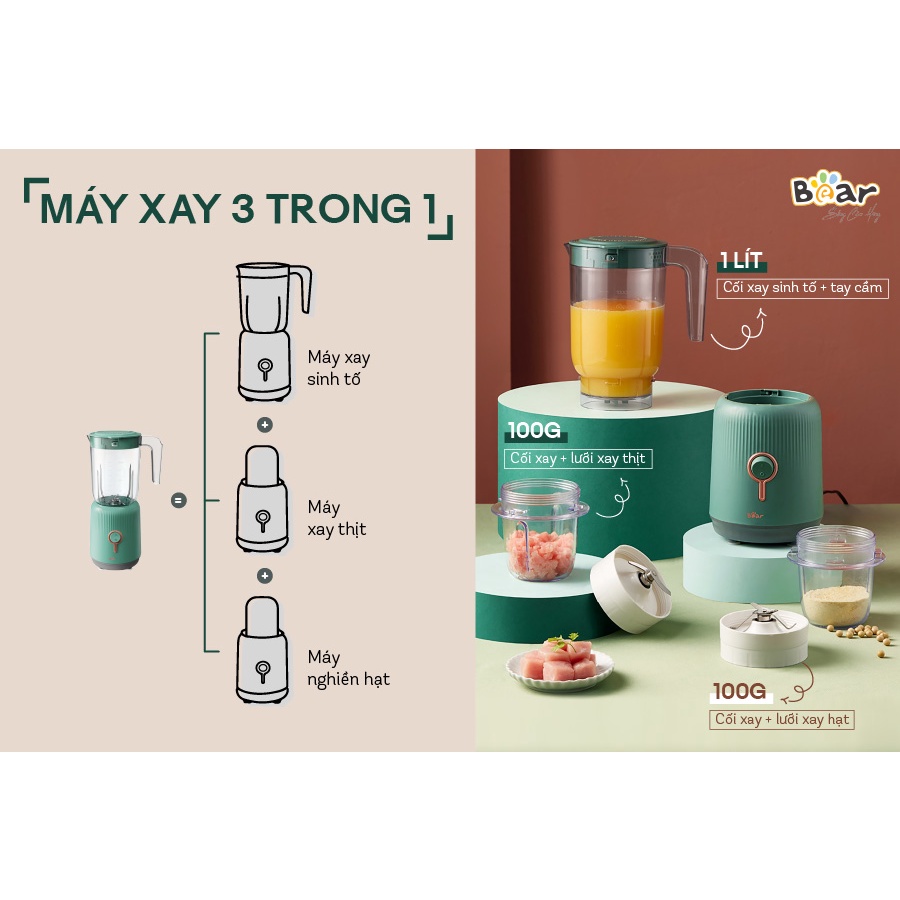 Máy xay sinh tố 3 cối 3 in 1 đa năng Bear LLJ-C10P1 (BL-B10V2), xay thịt, thực phẩm đa năng , bảo hành chín hãng 12 thán