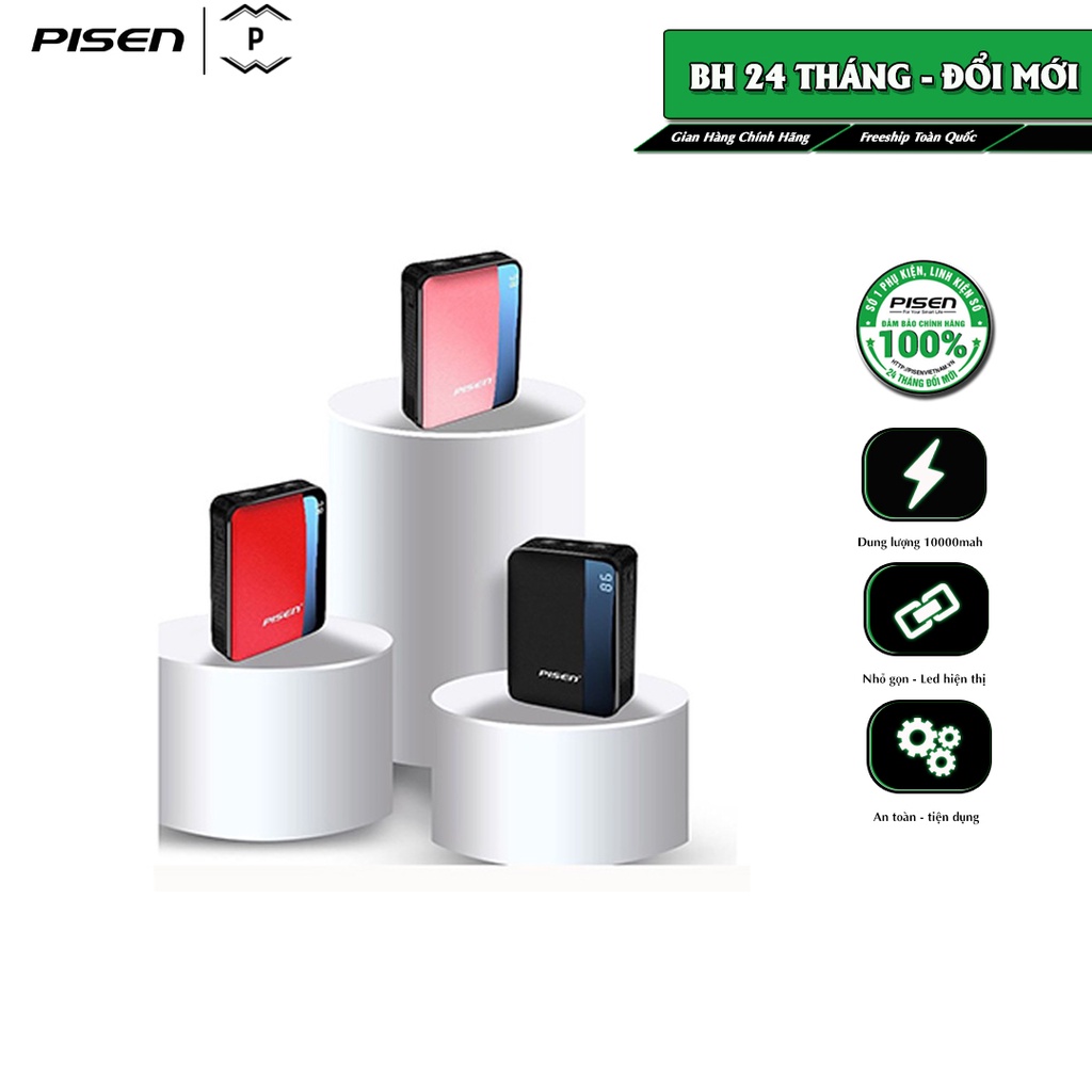 Sạc dự phòng Pisen Skew Led 10000mAh, sạc thời trang siêu nhỏ, sạc đồng thời 2 thiết bị, an toàn, bảo hành 24 tháng