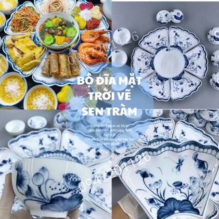 Bộ bát đĩa hoa mặt trời Gốm Bát tràng vẽ sen tràm siêu đẹp - Đường kính 45 và 55cm - Bộ đĩa bày mâm cơm cúng thắp hương