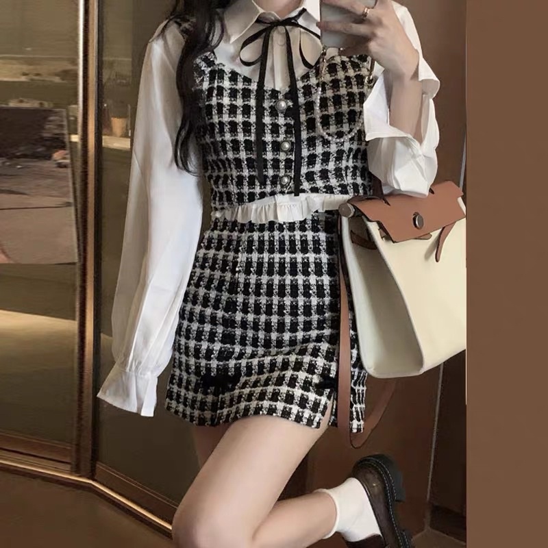Set Tweed Hai Dây Croptop Caro Chân Váy Chữ A Và Sơmi Croptop Tay Bồng Trắng