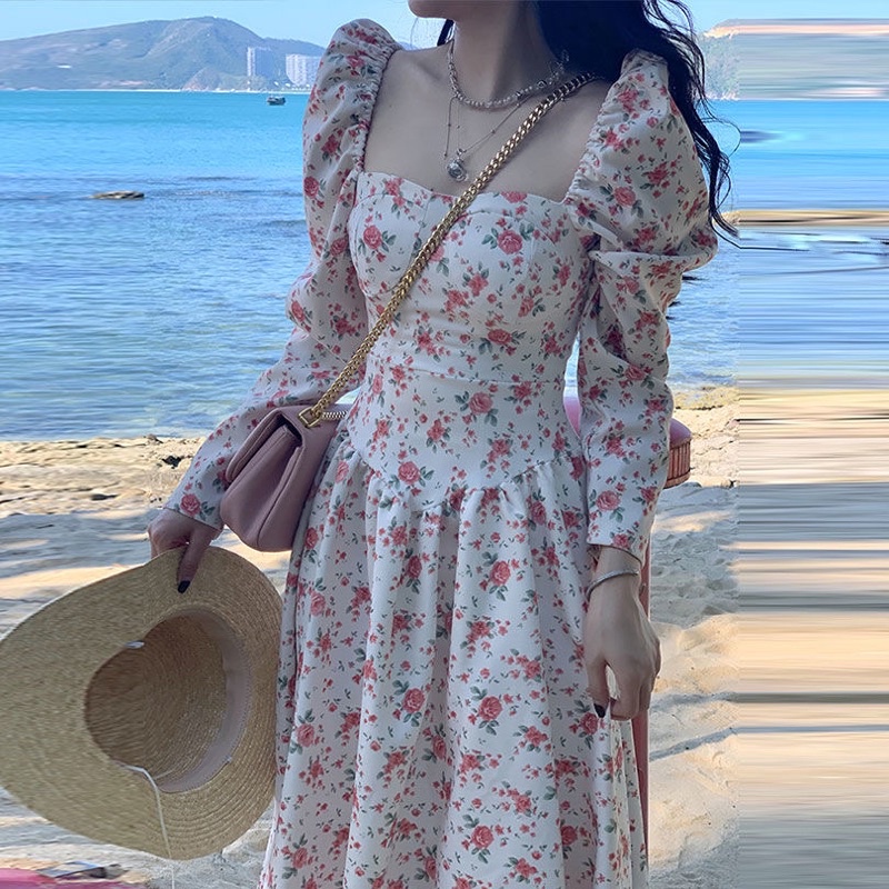 Váy hoa nhí trễ vai dáng xòe, hoa vintage, Váy hoa vintage cổ vuông