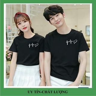 Áo thun in nhịp tim trắng trước ngực, vải đẹp hình in rõ nét.Áo đôi nam nữ tình yêu đẹp giá rẻ.