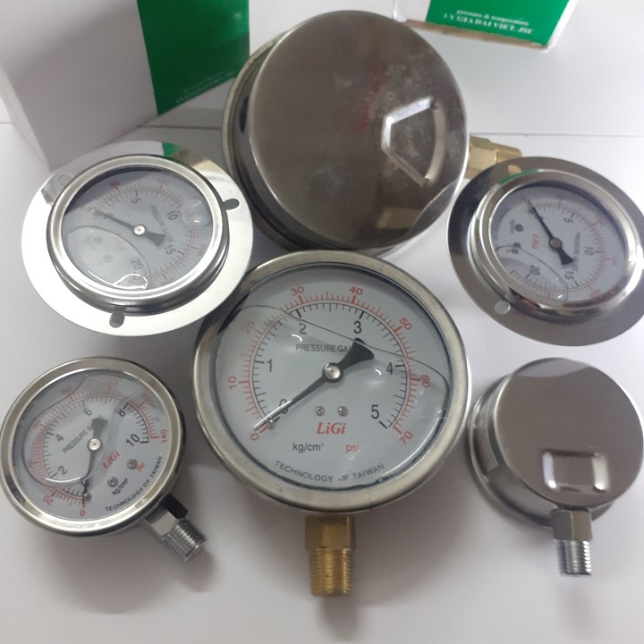Đồng hồ đo áp suất áp lực nước hơi khí nén 5kg mặt 100mm có dầu LIGI
