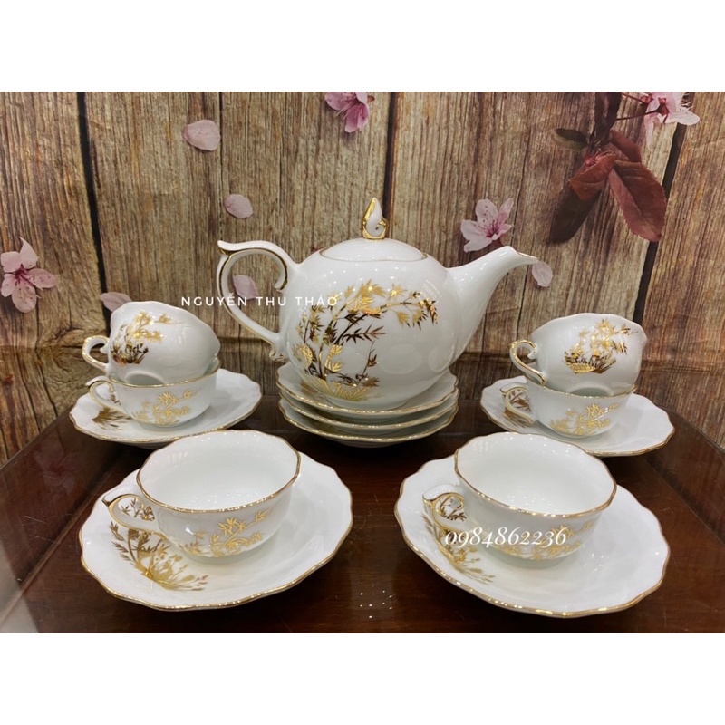 Bộ ấm chén MẪU ĐƠN TRẮNG VẼ CẢNH VIỀN VÀNG BÁT TRÀNG- Bộ trà đẹp