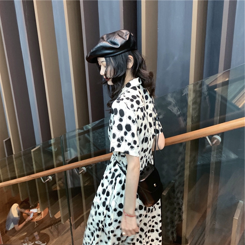 NRVP Đầm dáng chữ A dài vừa lưng cao tay ngắn họa tiết chấm bi thời trang 2020