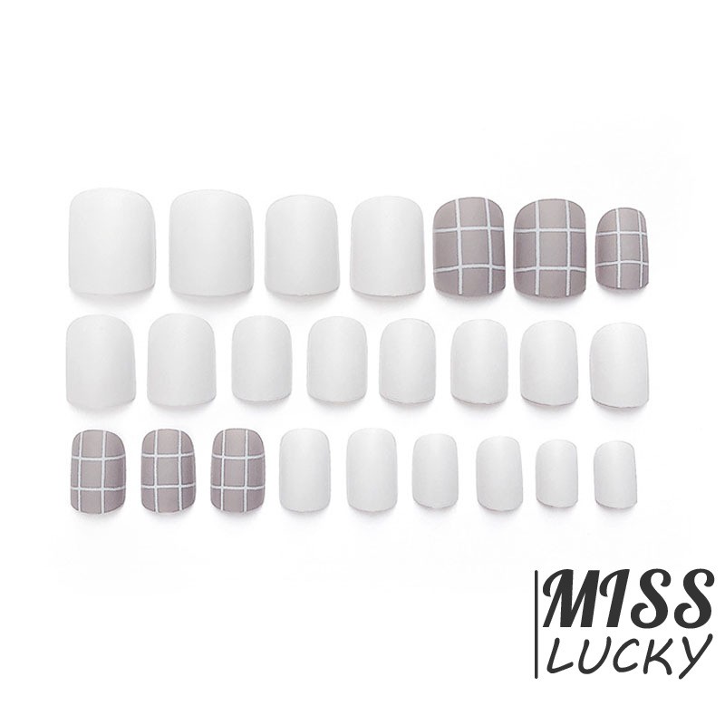Set 24 móng tay giả đầu tròn sơn nhám màu trắng xám xinh xắn cho nữ