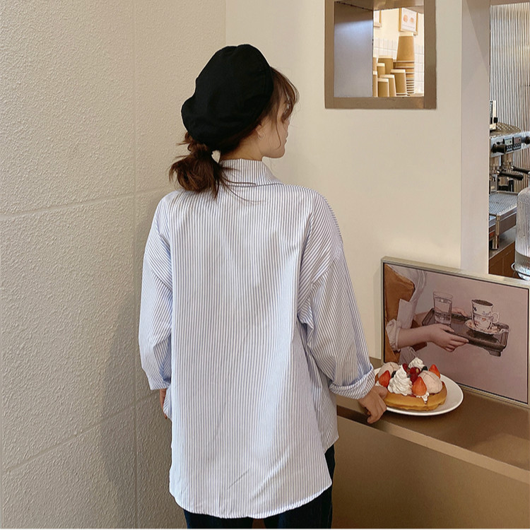 Áo sơ mi SUXI tay dài dáng rộng họa tiết kẻ sọc phối túi phong cách đơn giản thời trang dành cho nữ