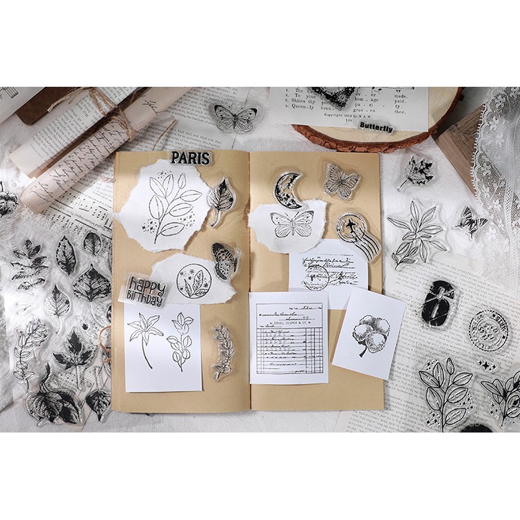 KimiTape Con dấu trong suốt clear stamp trang trí sổ sáng tạo, làm Bullet Journal các mẫu hoa lá, dương xỉ, cánh bướm