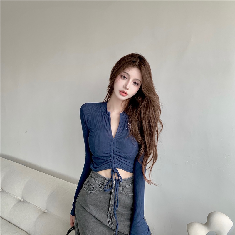 Áo dệt kim ZHELIHANGFEI tay dài lưng cao phối dây rút thời trang quyến rũ cao cấp