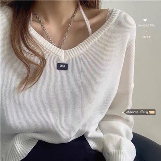 [Có sẵn+ảnh thật] Áo len trễ vai cổ V tag logo (mặc được 2 kiểu)