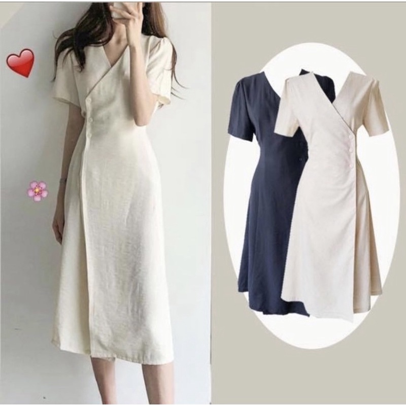 Đầm maxi dài kiểu nữ tay ngắn vạt đắp chéo suông trơn cát - Order taobao quảng châu