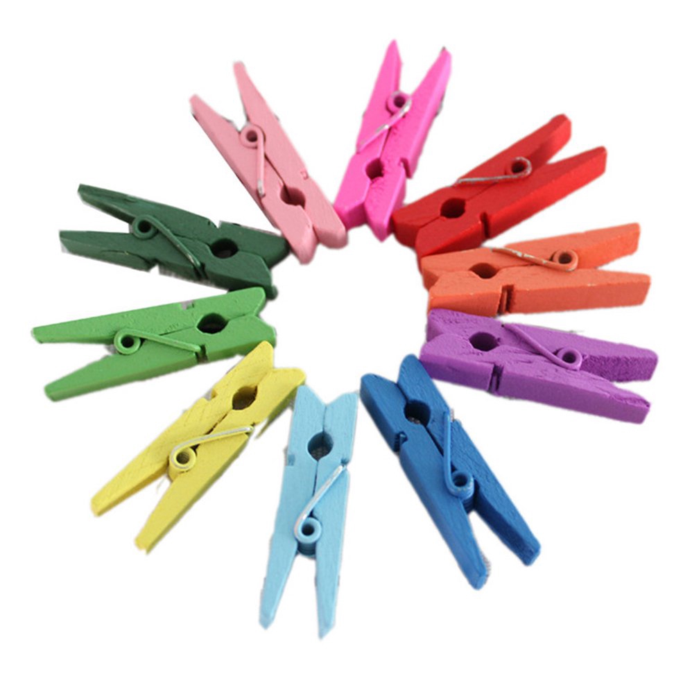 •NEW•100pcs Mini Candy Color Wooden Clips Craft Pegs Photo Paper Hanging Peg Pin