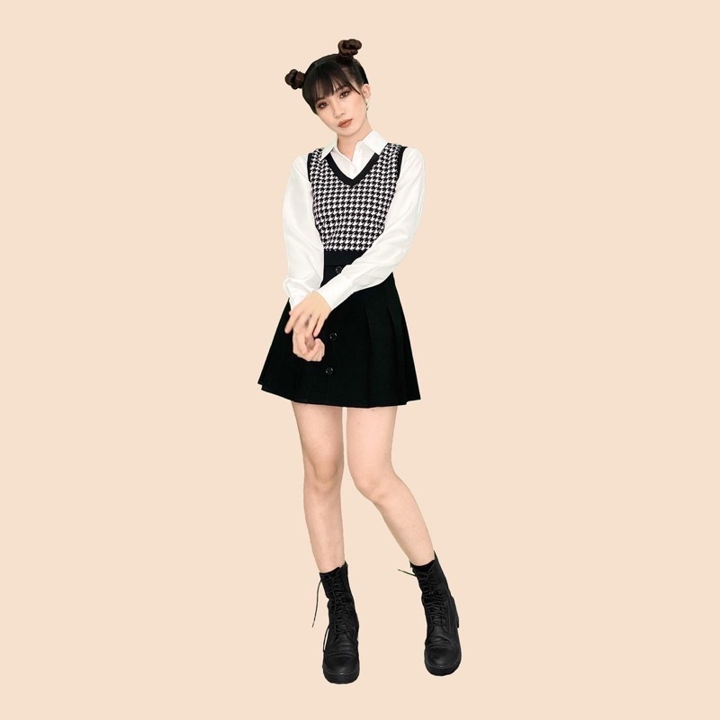 DALLA Áo gile croptop kẻ ziczac đen trắng (áo gile Hàn Ulzzang)